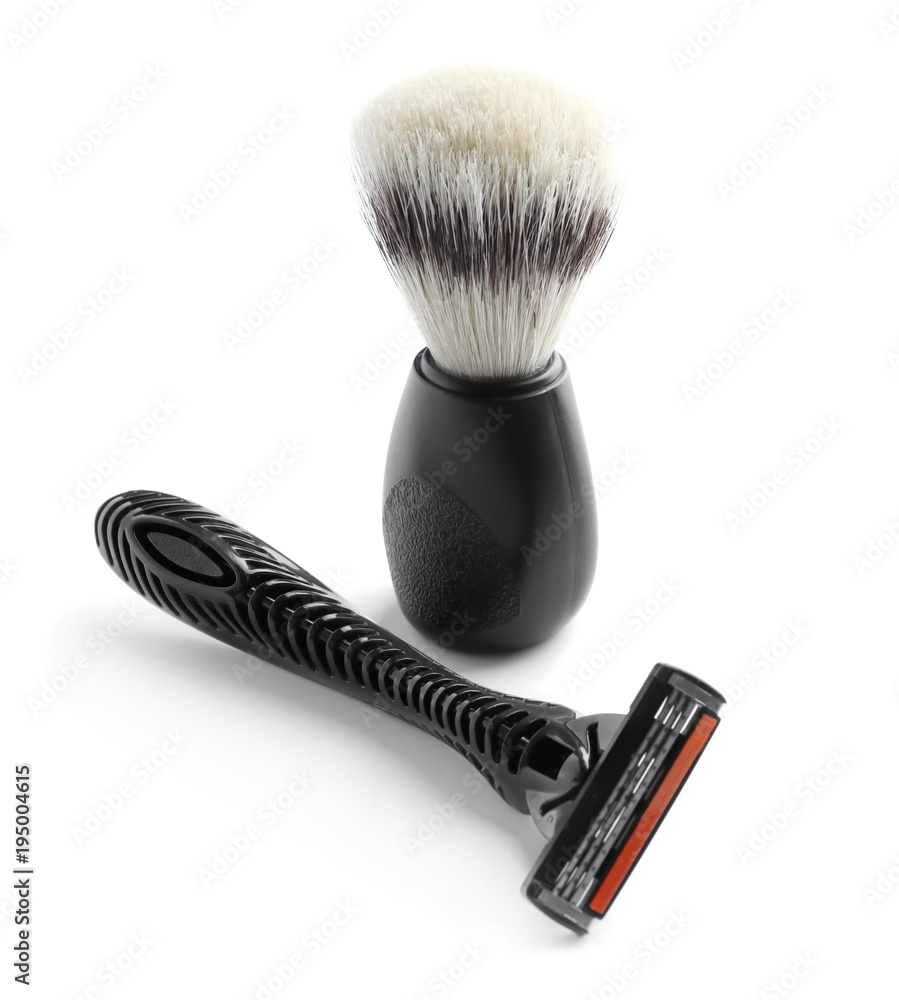 Shaving brush and razor for man on white background