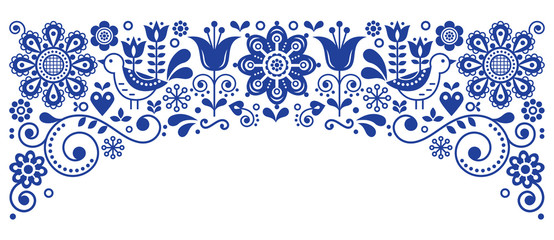 Poster - Scandinavian folk art frame border retro vector greeting card design, floral navy blue ornament with birs and flowers