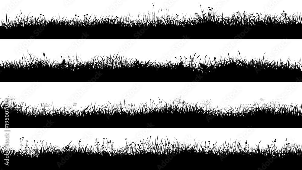 Horizontal banners of meadow silhouettes with short grass. - obrazy, fototapety, plakaty 