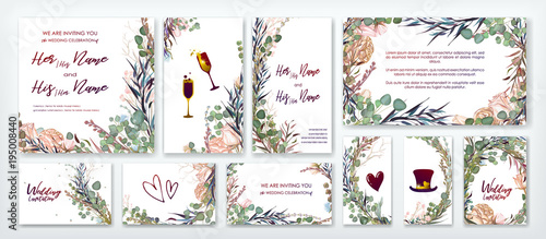 Wedding invitation frame set; flowers, leaves, watercolor, isolated on white....