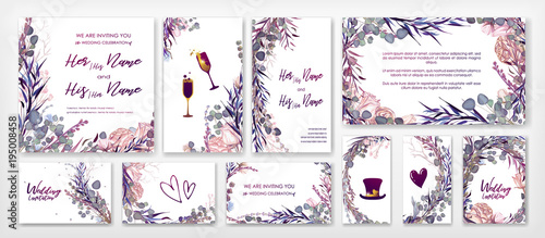 Wedding invitation frame set; flowers, leaves, watercolor, isolated on white....