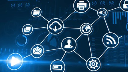 Beautiful Digital Blue Interface with Icons and Links Growing over the Business Graphs and Charts. Cyberspace Media Environment. Tech and Financial Concept. 4k UHD 3840x2160.