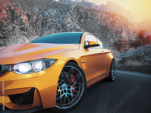 the-front-sports-cars-with-mountain-backdrop-with-the-morning-sun-3d-rendering-and-illustration