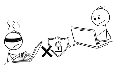Cartoon stick man drawing conceptual illustration of businessman working on computer while hacker cannot breach strong system password.Concept of internet and network security.