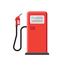 Vector Illustration Of Red Gas Station With Petrol Pump. Isolated On White. Flat Style