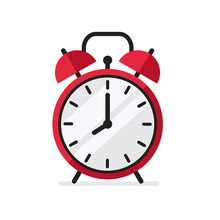 Red Alarm Clock In Flat Style Simple Vector Illustration Isolated On White