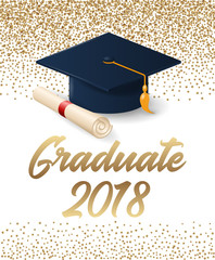 Wall Mural - Class of 2018 graduation poster with hat and diploma scroll. Can be used for invitation, banner, greeting card, postcard. Vector graduate template.