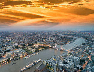 Poster - Aerial view of London Tower Bridge and skyline at night, London