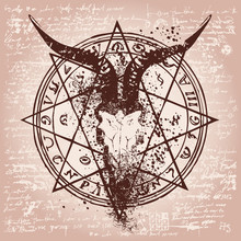 Vector Banner With Illustration Of Goat Skull And Pentagram With Magical Inscriptions, Symbols And Spots On The Background Of Old Papyrus Or Manuscript In Grunge Style