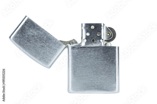 Fotografía Steel silver lighter open cap isolated with clippingpath on white background concept idea copyspace