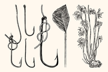 Vintage Nautical Fishing Hook and Net Vector Illustration Set