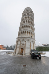 Poster - Square of Miracles and Pisa leaning tower at sunrise after a winter snowstorm, Tuscany - Italy