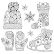 Vector hand drawn set of warm winter fashion women accessories. Various objects: mittens, socks, figure skates, hat, star. Pattern for coloring page. Coloring book for adults. 