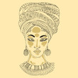 Vector hand drawn portrait of African American women with ornaments jewelry and draped in a patterned head scarf on the head. Decorated graphic print t-shirt. Brown line on a pastel yellow background.