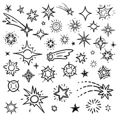 Wall Mural - Doodle stars vector set isolated on white. Hand drawn sky with star and comets collection