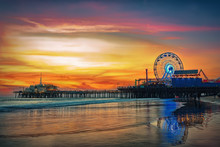 The Santa Monica Pier At Sunset, Los Angeles, California.