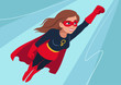 Superhero woman in flight. Attractive young Caucasian woman wearing superhero costume with cape, flying through air in superhero pose, on sky background. Flat contemporary style.