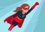 Fototapeta Dinusie - Superhero woman in flight. Attractive young Caucasian woman wearing superhero costume with cape, flying through air in superhero pose, on sky background. Flat contemporary style.