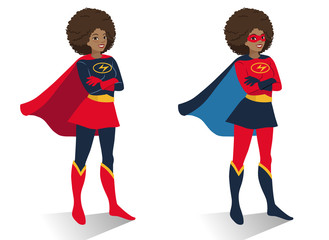  African American superhero woman in  costume and mask standing with crossed arms. Vector cartoon character illustration in flat contemporary style isolated on white background. Women activism concept