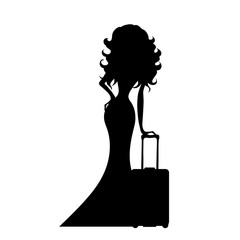 Poster - Vector silhouette of woman who travel with suitcase on white background.