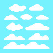 Cloud vector icon set white color on blue background. Sky flat illustration collection for web, art and app design. Different cloudscape weather symbols