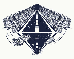 Wall Mural - astronauts in deep space tatto and t-shirt design. universe research symbol, disembarkation to other