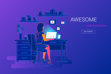Wall Mural - Woman working with laptop at her work desk, looking at monitor and smartphone. Gradient line vector illustration of student studying at home. People working with laptop at home on violet background