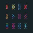 Human dna research technology symbols. Spiral molecule medical bio tech vector icons