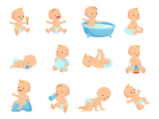 infant newborn baby big set in different activity isolated on white