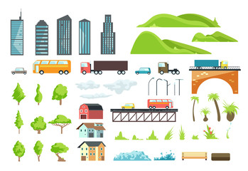 Wall Mural - Flat city map vector elements with urban transport, road, trees and buildings