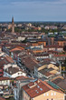 View of the city of Pordenone from above and in the background the bell tower of San Marco. Italy