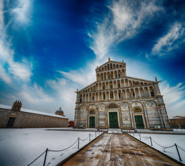 Poster - Square of Miracles with Cahedral detail at sunset after a winter snowfall, Pisa - Italy