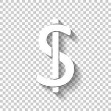Dollars Sign And USD Symbol Icon. White Icon With Shadow On Transparent Background