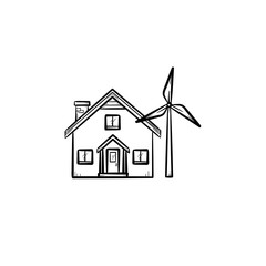 Wall Mural - House with wind generator hand drawn doodle icon. Renewable energy concept. Building with wind turbine vector sketch illustration for print, web, mobile and infographics isolated on white background.