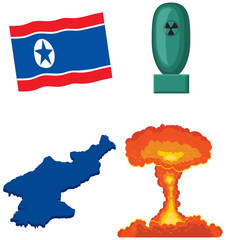 Canvas Print - North Korea vector icons showing the map, flag, warhead, and explosion