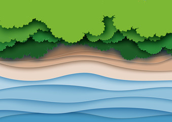 Aufkleber - Top view of green forest canopy,beach and sea layers background.Nature and environment landscape creative idea concept of paper art style.Vector illustration.