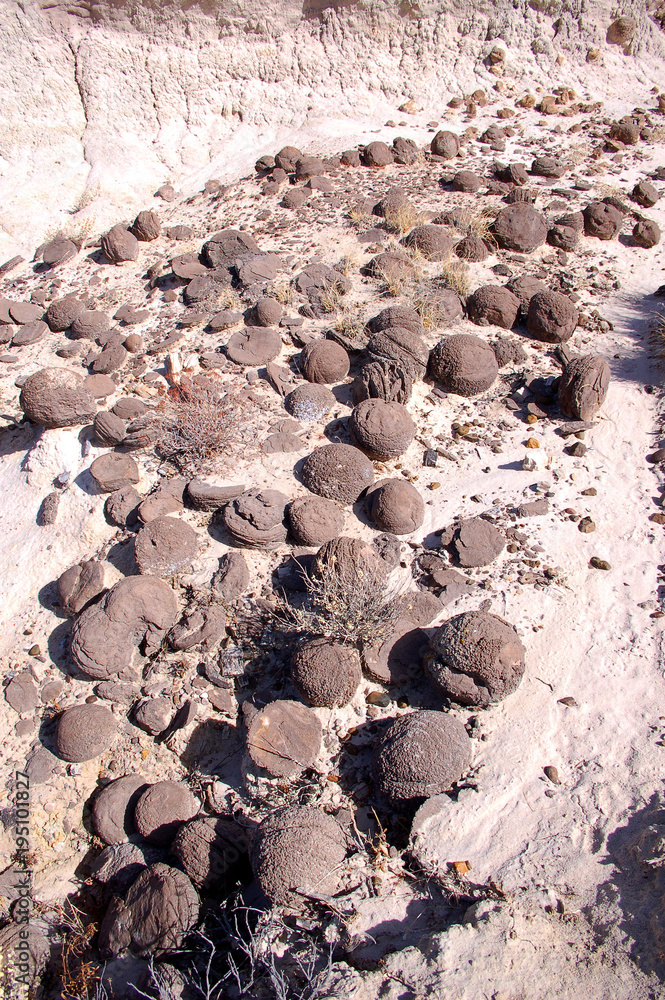 Pitted Rocks Cliffs Round, pitted, natural sandstone rocks in the desert badlands of Bisti ...