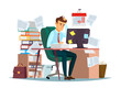 © vectorpouch - Man overwork in office, deadline vector illustration. Manager sitting at computer desk with stack of documents in mess and deadline tasks sticky notes holding hand on head flat cartoon office design