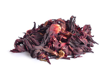 Wall Mural - Dry hibiscus tea. Isolated on white background.