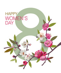 March 8 International Women's Day greeting card with a blooming branch.