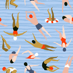 People swimming pattern. Summer seamless background. Summertime vector illustration with swimmers drawing in flat design.