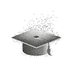 Sticker - Graduation hat or mortar board. divergent particles abstract illustration. Can be used for invitation, banner, greeting card, postcard. Vector graduate template.