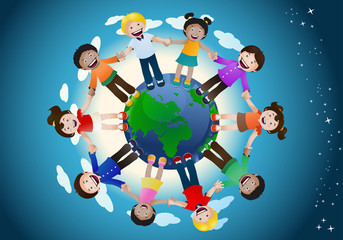 Wall Mural - childrens united holding hand around the world