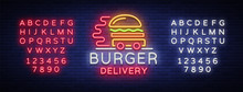 Burger Delivery Logo In Neon Style. Neon Sign, Light Banner, Design Template, Night Neon Advertising Food Delivery. Vector Illustration. Editing Text Neon Sign