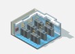 Vector isometric low poly bit coin cryptocurrency mining block chain data center cutaway icon.