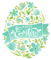 Wall Mural - Happy Easter text lettering floral egg on white background. Vector illustration