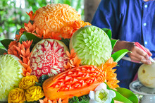 Beautiful Thai Fruit Carving For Table Food Decoration.
