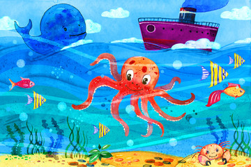 Sealife children play mat watercolor hand drawn stylized illustration