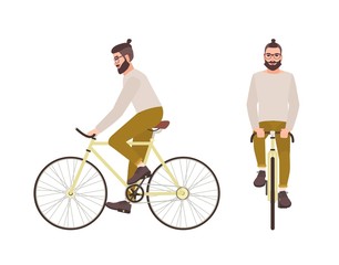 Wall Mural - Young hipster man or male cartoon character with trendy hairstyle and beard riding bicycle. Stylish guy pedaling urban bike isolated on white background. Colorful vector illustration in flat style.