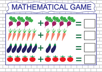 Learning addition by example of vegetables for children, counting activity. Math educational game for children. Vector illustration